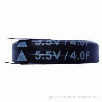 Supercapacitor with 5.5V Voltage and 4.0F Nominal Capacity, Measures 20.2 x 7.0mm